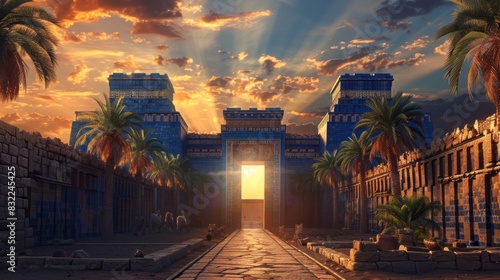 Ancient city of babylon ruins with ishtar gate's vibrant blue-glazed bricks, ziggurats, and crumbling stone walls amidst mesopotamian desert landscape sunset.