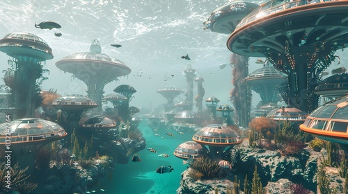Surreal Floating Mushroom Domes in Futuristic Aquatic Alien Landscape