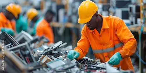 Workers sorting and dismantling used electronics at an ewaste recycling plant. Concept Ewaste Recycling, Electronics Dismantling, Worker, Sustainability, Environmentally Friendly