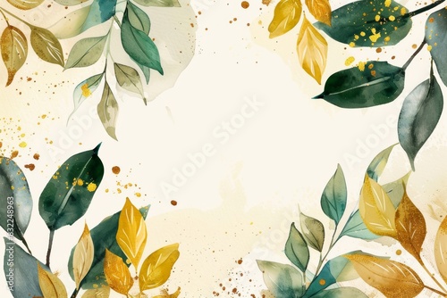 a Watercolor waterpaint adorned with defocused green leaves and yellow leaves arrangement for banner advertisement, adding a touch of allure and vibrancy to marketing visuals.