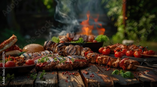 Delicious grilled meat and vegetables on a wooden table outdoors with smoke rising and a barbecue in the background.