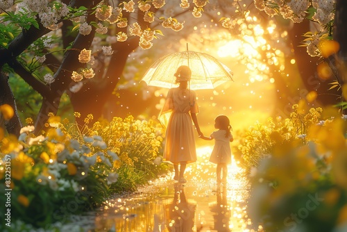 Mother and daughter walking hand-in-hand through a blooming garden under an umbrella.