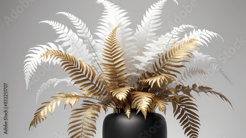 Large Fluffy White Ferns in a gold and black vase - bright white background - 3D - 8K Cinematic