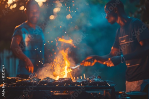 Enjoy the vibrant atmosphere of an outdoor party where a group of people is grilling barbecues under the warm glow of tungsten bulb lights, creating a lively and cozy Twilight time gathering.