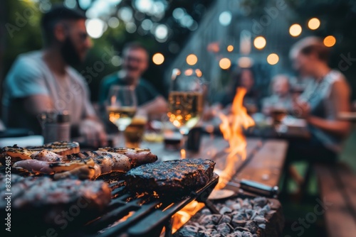 Enjoy the vibrant atmosphere of an outdoor party where a group of people is grilling barbecues under the warm glow of tungsten bulb lights, creating a lively and cozy Twilight time gathering.