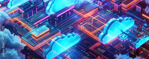 An abstract digital illustration of cloud computing technology in a futuristic environment with vibrant colors and neon lights.