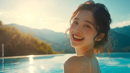 Beautiful woman relaxing in bathtub outdoors. Young beautiful woman relaxing in spa bath, outdoor swimming pool in upscale leisure hotel during vacation.