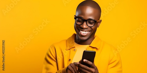 Smiling African American man holding phone recommending app on yellow background. Concept Portrait Photography, Technology, African American Culture, Social Media, Advertising