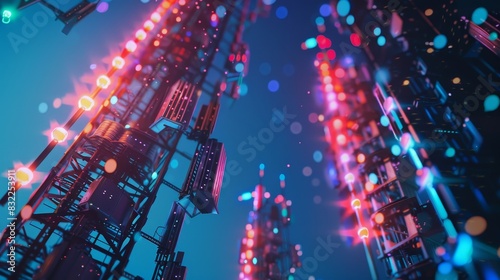 Colorful and illuminated communication towers against a night sky, symbolizing modern technology and digital connectivity.