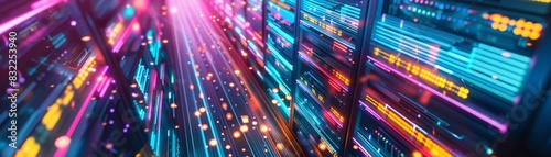 Data center with vibrant lights and fast-moving lines, representing high-speed data transmission and modern technology.