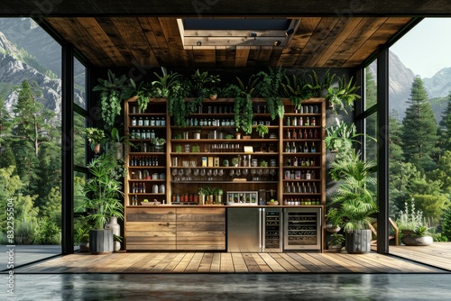Stylish outdoor bar with lush greenery and wooden accents creating a cozy and inviting atmosphere