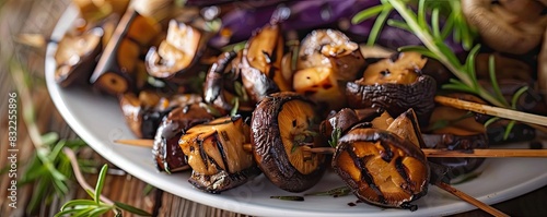 Delicious grilled mushroom skewers with herbs on a plate, perfect for a vegetarian BBQ or healthy summer meal.