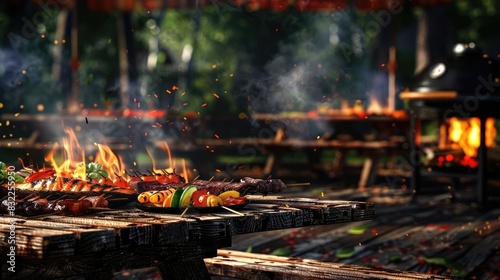 Outdoor barbecue with various skewers grilling over open flames in a park setting, surrounded by picnic tables and trees.