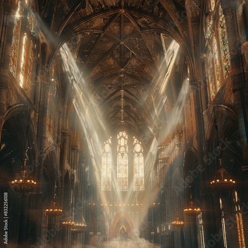 Interior view of a medieval cathedral showcasing ribbed vaults and flying buttresses, grand and ornate, ethereal light filtering through stained glass