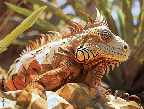 Vibrant Iguana Perched Amidst Lush Tropical Foliage in Warm Sunlight