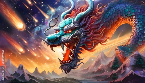 Angry Chinese dragon flying fast in the galaxy , many north light appear, thousand of comets move straight to earth
