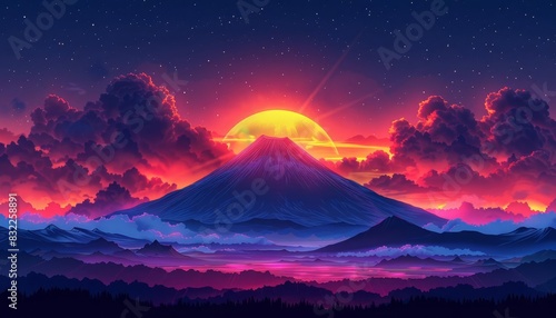 Illustrate a sunset over a volcano with the caldera in silhouette