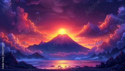 Illustrate a sunset over a volcano with the caldera in silhouette