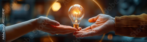 Two hands, one giving and one receiving a shining light bulb, illustrating the exchange of brilliant ideas, surrounded by a halo of golden light in a creative workplace