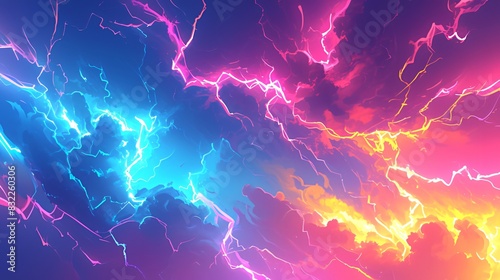 Vivid and colorful lightning illuminates the sky, evoking a striking and intense atmosphere. The vibrant hues create a stunning yet perilous spectacle