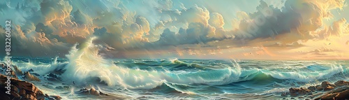 Elegant seascape featuring a turbulent ocean with colorful waves and a moody, cloudy sky, in the style of Sargent, atmospheric theme, ethereal, Multilayer, rocky shore backdrop