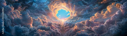 Steps to paradise, climbing through billowing clouds towards a brilliant arch, illuminated by heavenly light, evoking themes of redemption and hope