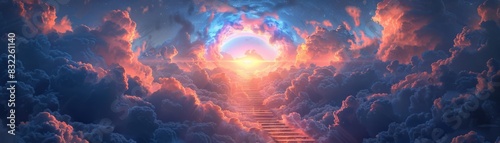 Steps to paradise, climbing through billowing clouds towards a brilliant arch, illuminated by heavenly light, evoking themes of redemption and hope