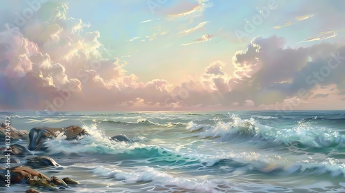 Refined seascape with gentle waves lapping against rocks under a pastelcolored cloudy sky, in the style of Sargent, serene theme, calming, Blend mode, tranquil ocean backdrop