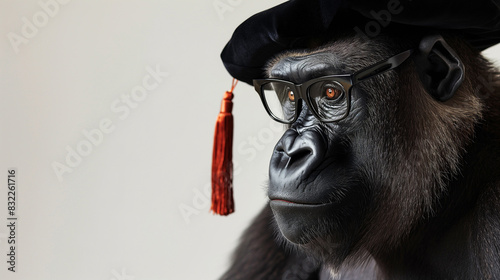 Portrait of gorilla wearing a graduation cap and glasses.