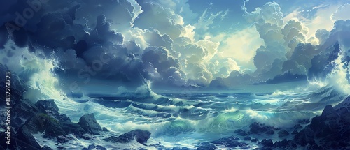 Stylish seascape featuring powerful waves crashing into rocks with a dramatic cloudy sky, in the style of Sargent, energetic theme, vibrant, Multilayer, majestic seashore backdrop