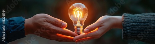 Hands of different ethnicities exchanging a light bulb that glows intensely, representing the power of collaborative thinking in a business environment