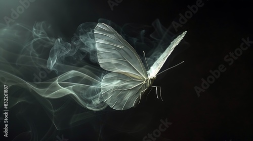 A brilliant paper butterfly, illuminated by gradients of warm and cold smoke, on an inky black background. 8k, realistic, full ultra HD, high resolution and cinematic photography