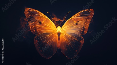 A brilliant paper butterfly, illuminated by gradients of warm and cold smoke, on an inky black background. 8k, realistic, full ultra HD, high resolution and cinematic photography