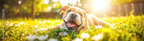 Playful puppy basking in the warm sunlight on a grassy meadow, surrounded by beautiful white flowers, enjoying a perfect, relaxing day outdoors.