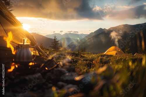 Scenic mountain campsite with a glowing tent during sunset, showcasing a stunning nature landscape ideal for adventure and outdoor enthusiasts.