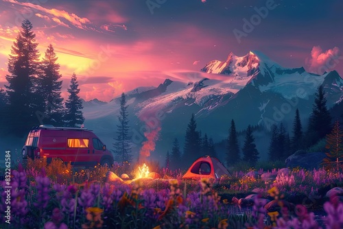 Stunning campground scene at sunset with a van, tent, and campfire set against majestic mountains and vibrant wildflowers.