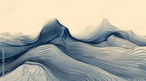 Experience the artistry of graphic landforms with this minimalist cartography illustration. Through precise lines and simplified forms, this depiction captures the essence of the landscape, inviting