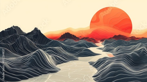Experience the artistry of graphic landforms with this minimalist cartography illustration, where precise lines and minimalist composition capture the essence of the landscape with elegance and