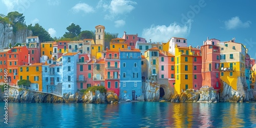 The colorful coastal town sits perched on a cliff overlooking the ocean.