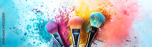 Creative set makeup brushes with colorful make up powder as decorative in white background 