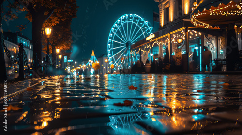 Illuminated cityscape with fair and ferry wheel on a rainy night