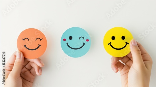 Hand Choosing Happy Smile Face Paper Emoticons for Mood Concept