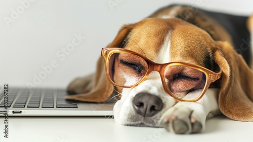 Sleepy Beagle Dog Wearing Glasses Resting on Laptop