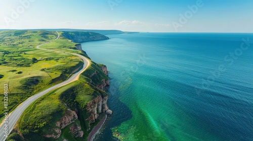 Overhead view of a winding coastal road with vibrant green cliffs on one side and a deep blue sea on the other, under a clear azure sky.
