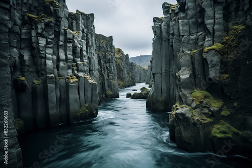 A dramatic landscape with towering basalt columns and a turbulent river under an overcast sky. Moody and powerful