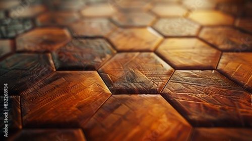 A hexagon pattern featuring a rich mahogany wood texture, polished to a shine. 8k, realistic, full ultra HD, high resolution, and cinematic photography