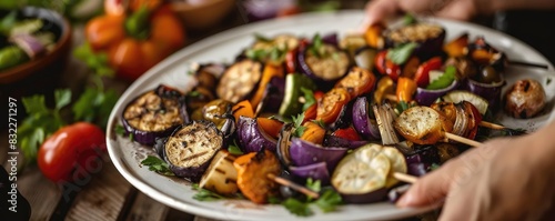 A colorful assortment of grilled vegetables on skewers served on a platter, perfect for a healthy meal or barbecue.