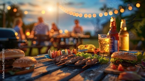 Outdoor barbecue with friends at sunset, featuring grilled food, beer, and festive string lights in a rustic setting.