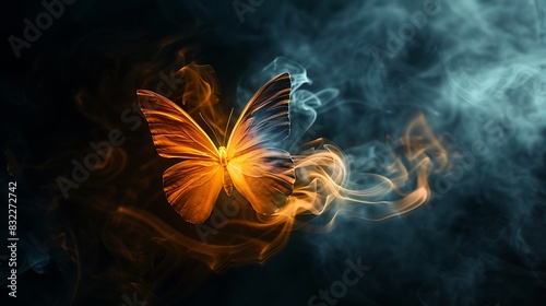 A radiant paper butterfly, dancing through the tendrils of gradient warm and cold smoke, set against a black velvet background. 8k, realistic, full ultra HD, high resolution and cinematic photography