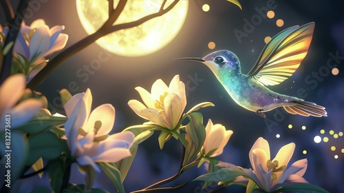 A whimsical cartoon hummingbird with iridescent feathers, hovering next to bright moonflowers that bloom at night, under the soft glow of the moon.